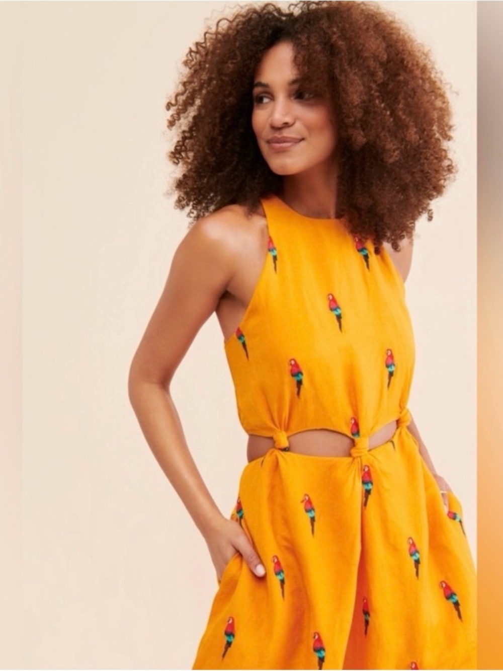FARM Rio for Anthropologie Embroidered Parrot Cutout Dress with Pockets - M